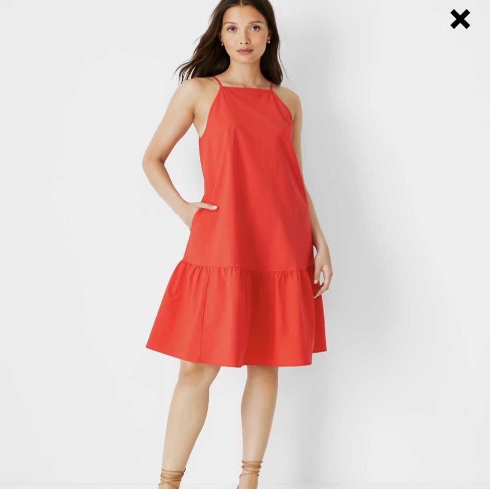 Ann Taylor Square Neck Flounce Shift Dress in Red XS Petite